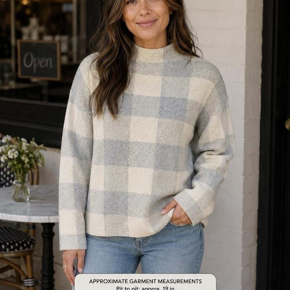 Christian Siriano XL Gray Ivory Plaid Mock Neck Sweater